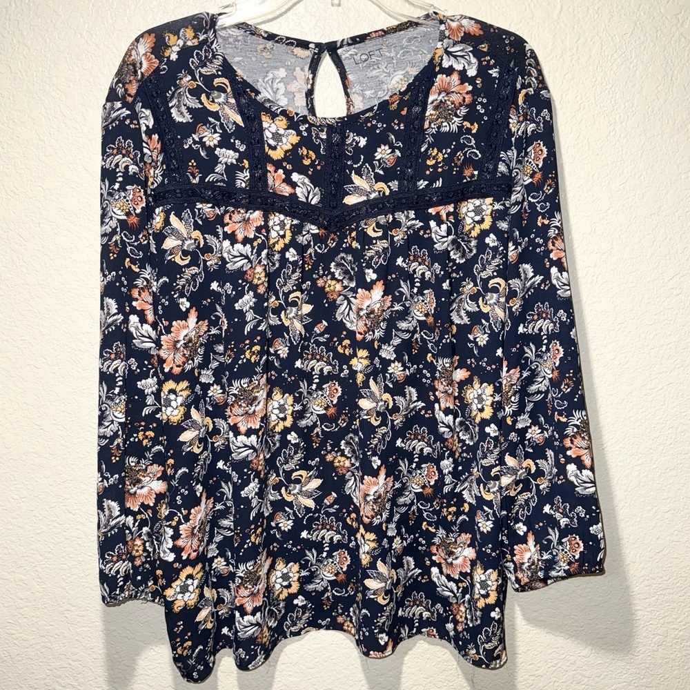 LOFT Outlet Floral Boho Blouse XL Navy Keyhole Lace Peasant Top